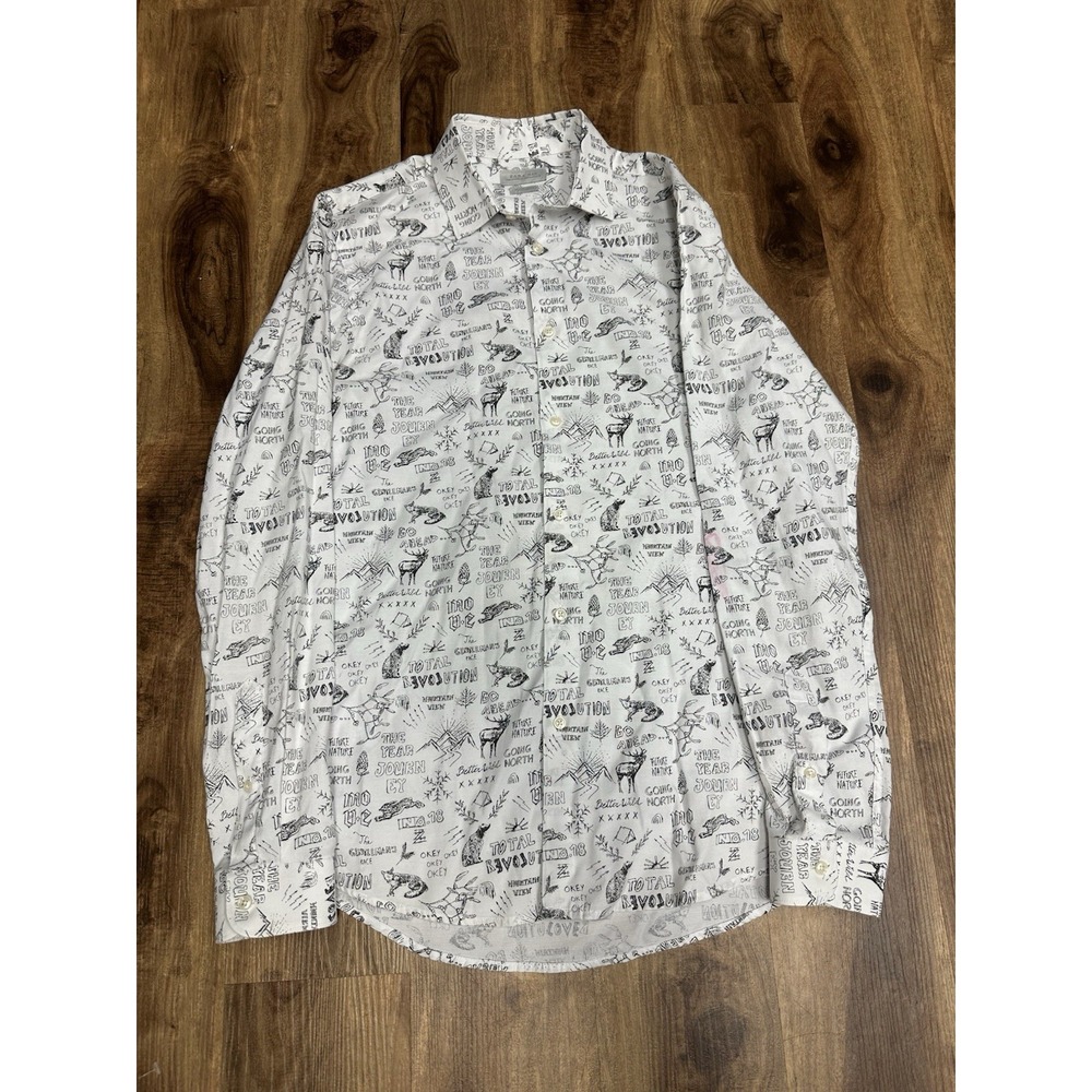 Zara Man White Long Sleeve Sketch Doodle Pattern Button Front Shirt Medium